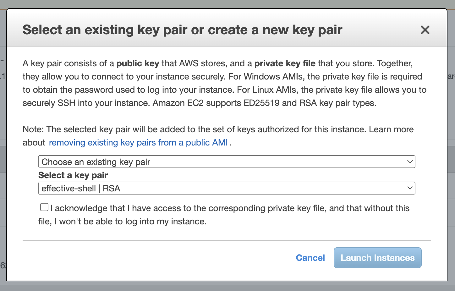 Screenshot: Select Key Pair