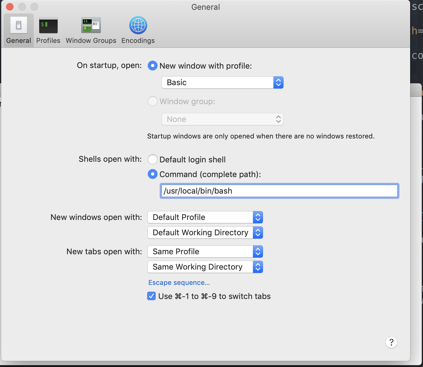Figure A-13: Updating your Terminal settings to use the newly updated version of bash