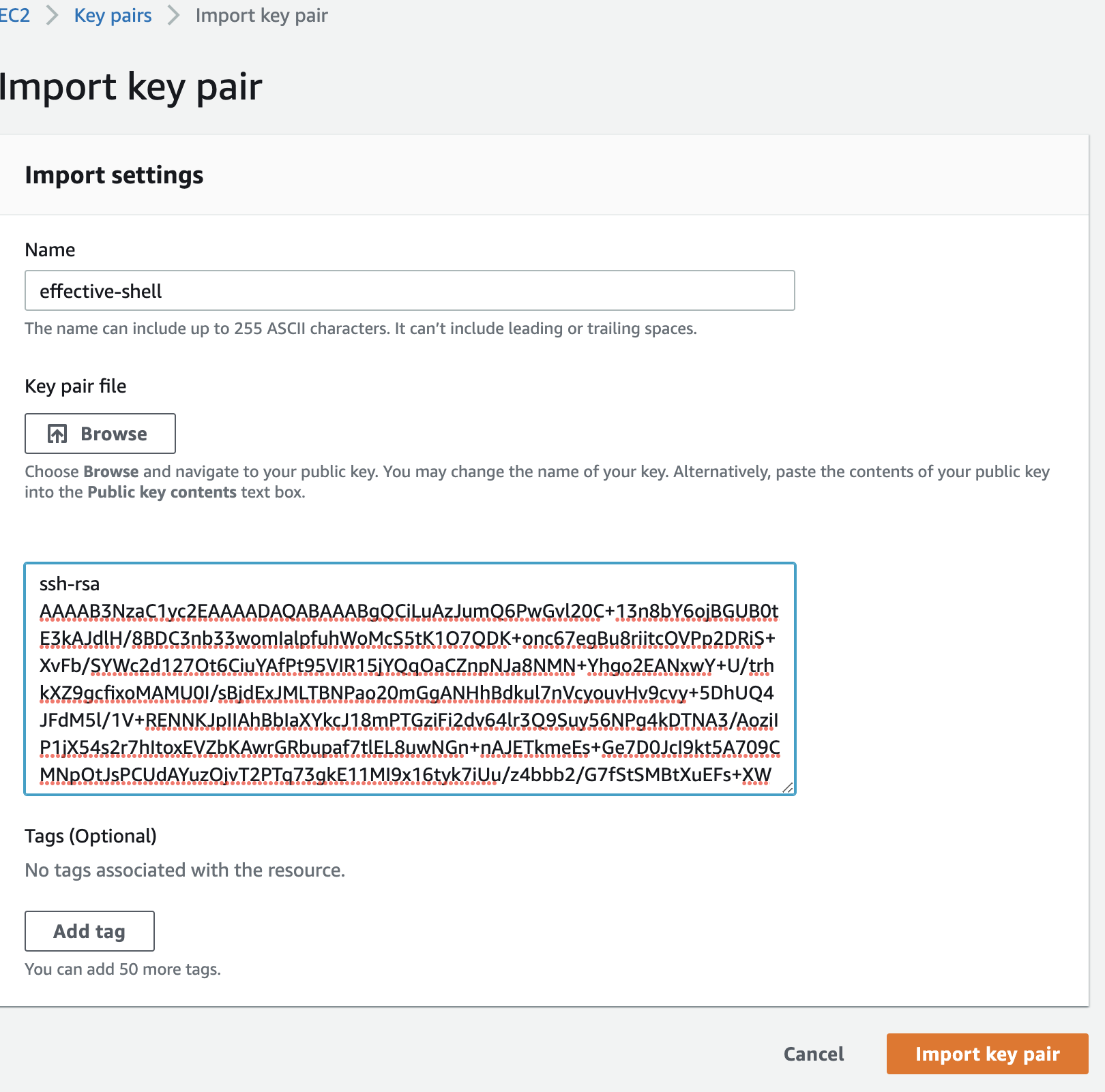 Screenshot: Import Key Pair Details