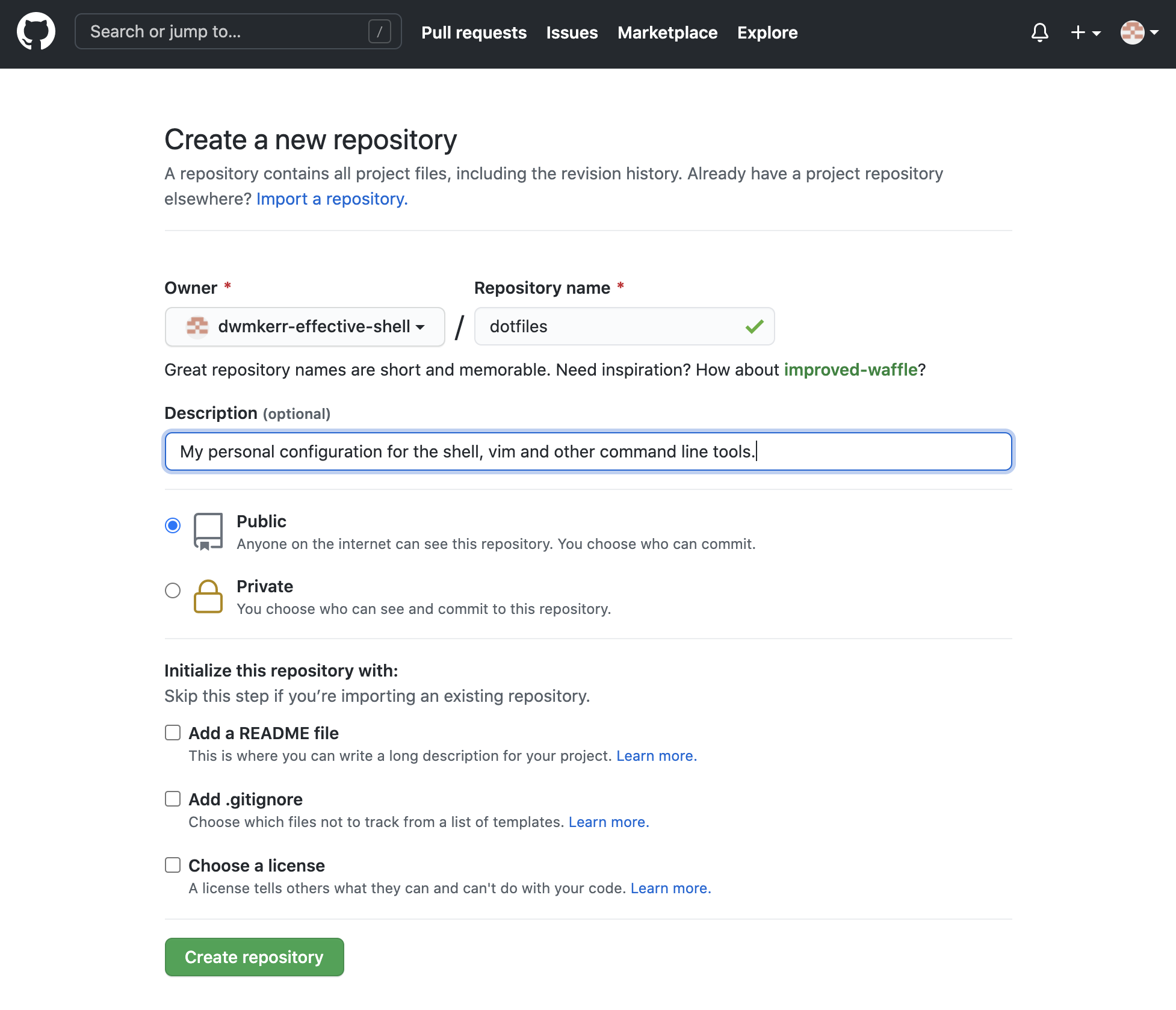Screenshot of the GitHub Create Repository page