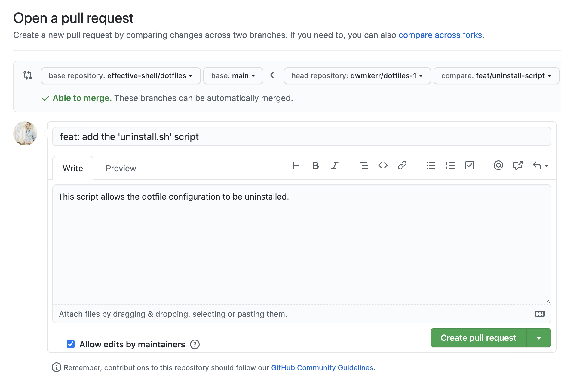 Screenshot of a pull request being opened
