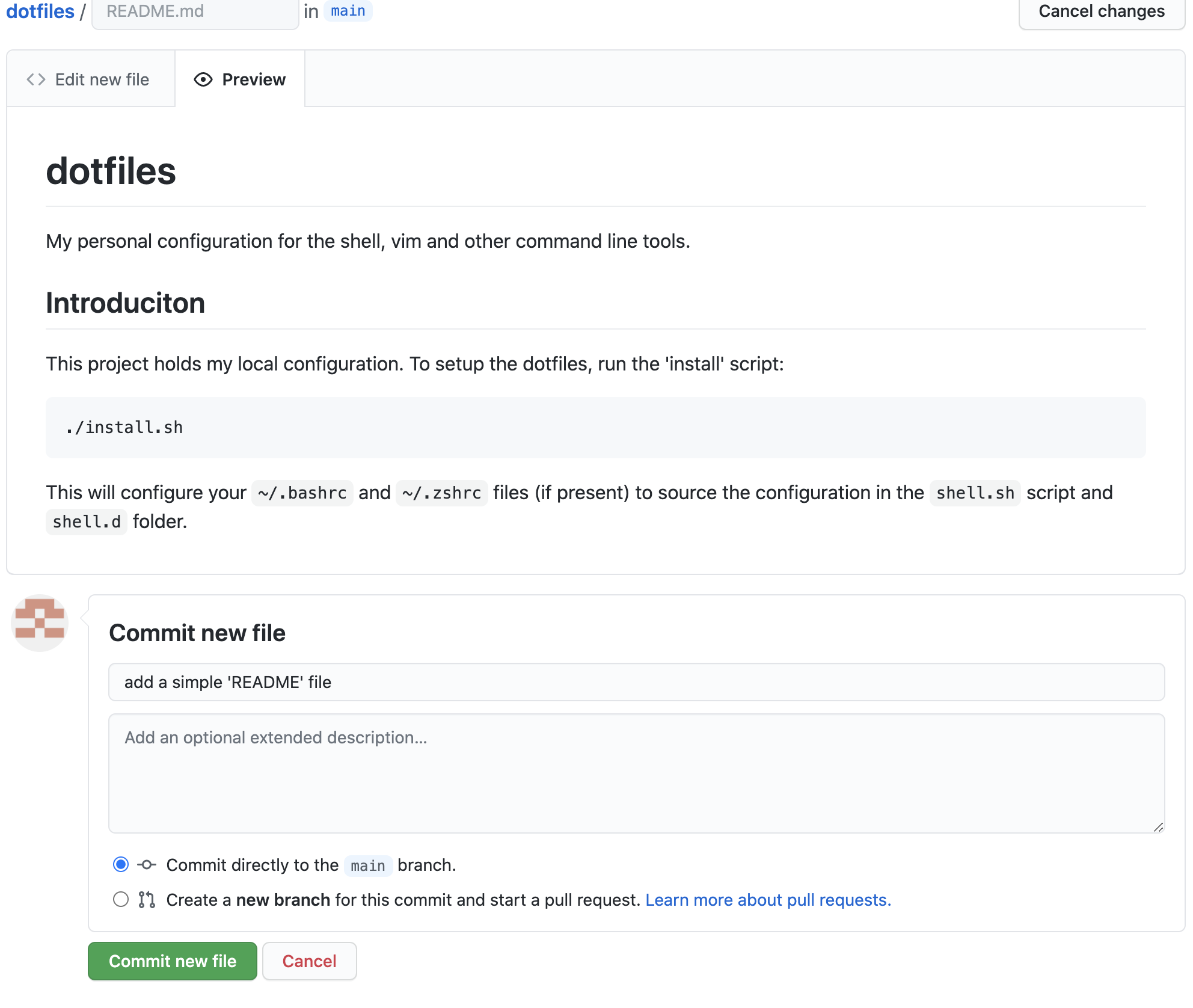 Screenshot of the GitHub README commit page