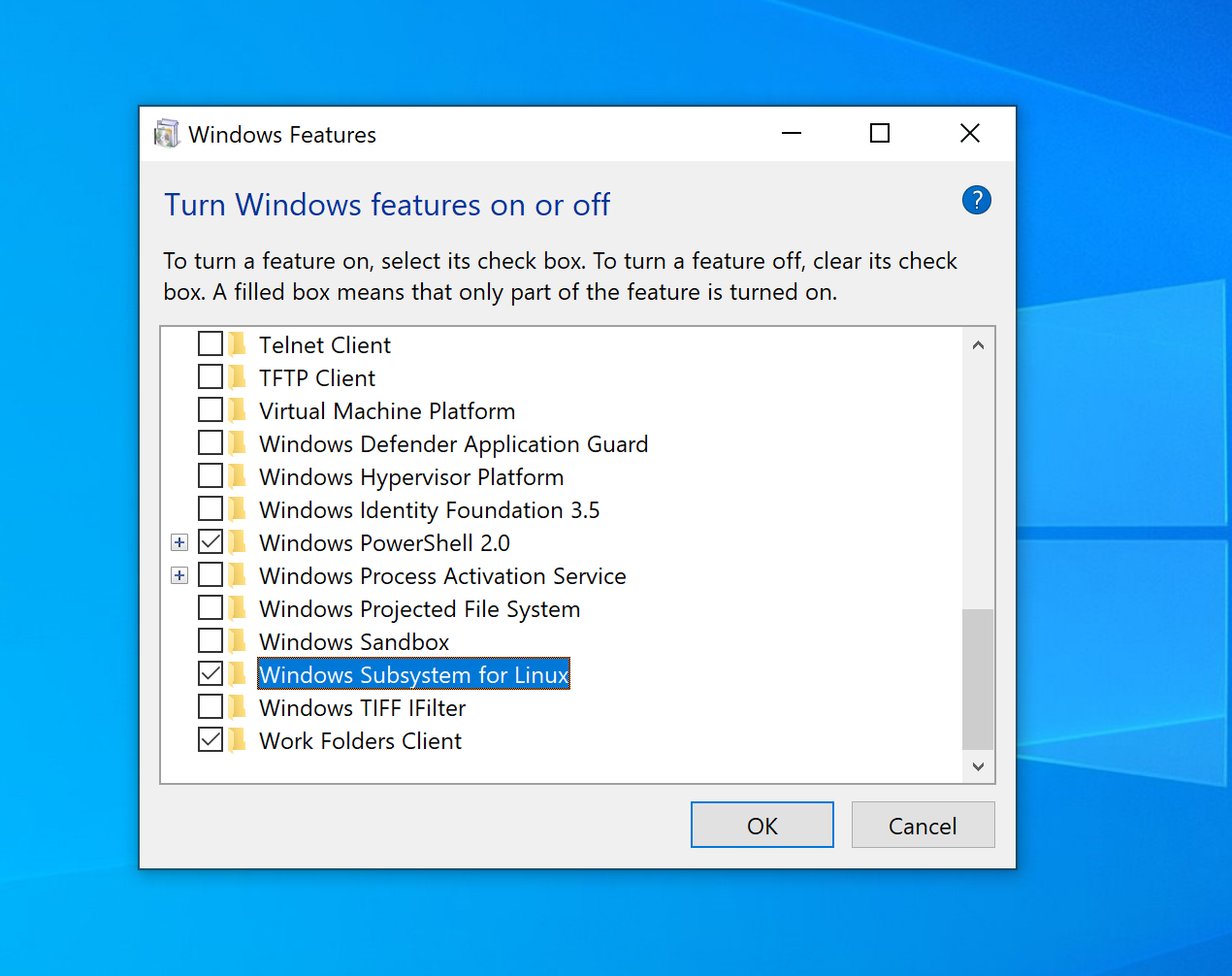 Screenshot: Enable Windows Subsystem for Linux
